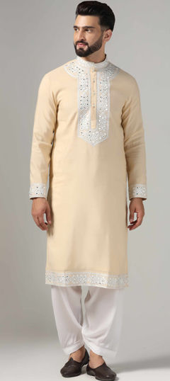 Beige and Brown color Kurta Pyjamas in Chanderi Silk fabric with Mirror, Resham work