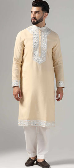 Beige and Brown color Kurta Pyjamas in Chanderi Silk fabric with Mirror, Resham work