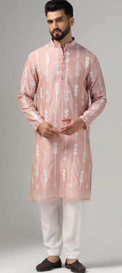 Pink and Majenta color Kurta Pyjamas in Chanderi Silk fabric with Mirror, Resham work
