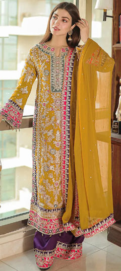 Engagement, Reception, Wedding Purple and Violet, Yellow color Salwar Kameez in Silk fabric with Pakistani, Palazzo Embroidered, Sequence, Thread, Zari work : 1965084