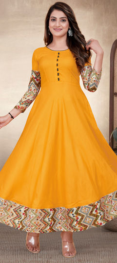 Casual Yellow color Kurti in Rayon fabric with Anarkali, Long Sleeve Printed work : 1965086