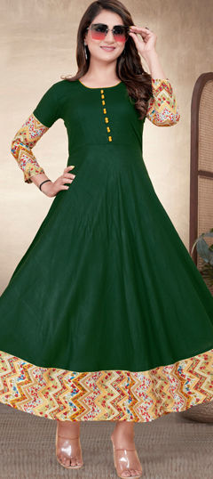 Casual Green color Kurti in Rayon fabric with Anarkali, Long Sleeve Printed work : 1965087