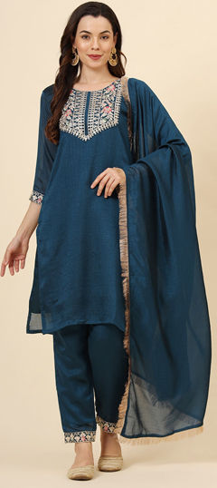 Festive, Party Wear, Reception Blue color Salwar Kameez in Silk fabric with Straight Embroidered, Thread, Zari work : 1965097