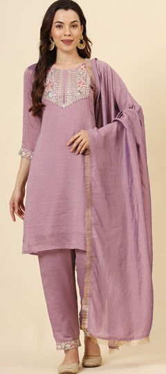 Purple and Violet color Salwar Kameez in Silk fabric with Embroidered, Thread, Zari work