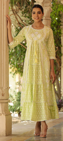 Party Wear, Summer Green color Dress in Cotton fabric with Embroidered, Mirror, Resham, Thread work : 1965175