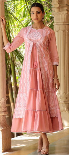 Party Wear, Summer Pink and Majenta color Dress in Cotton fabric with Embroidered, Resham, Thread work : 1965176