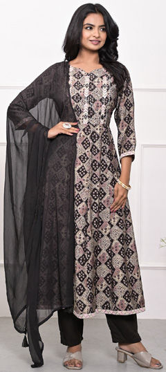 Festive, Party Wear, Reception Black and Grey color Salwar Kameez in Cotton fabric with Anarkali Embroidered, Printed, Resham, Thread, Zari work : 1965180