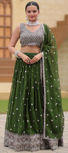 Green color Lehenga in Faux Georgette fabric with Embroidered, Sequence work