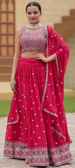 Pink and Majenta color Lehenga in Faux Georgette fabric with Embroidered, Sequence work