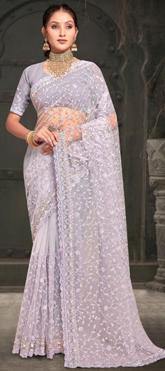 Purple and Violet color Saree in Net fabric with Embroidered, Resham, Sequence, Zari work