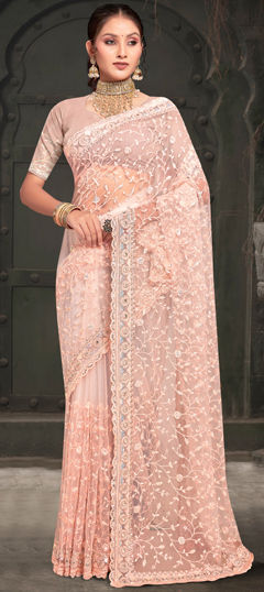 Pink and Majenta color Saree in Net fabric with Embroidered, Resham, Sequence, Zari work