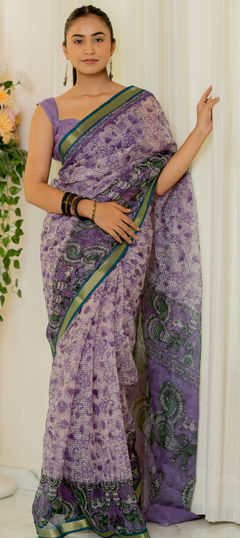 Traditional Purple and Violet color Saree in Polyester Silk fabric with South Border, Floral, Zari work : 1965213