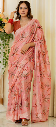 Pink and Majenta color Saree in Chiffon fabric with Floral, Thread work
