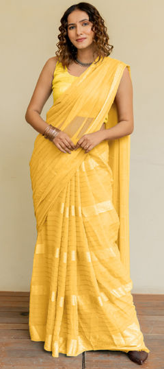 Yellow color Saree in Georgette fabric with Border, Weaving, Zari work