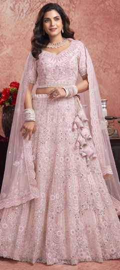 Pink and Majenta color Lehenga in Net fabric with Mirror, Zircon work