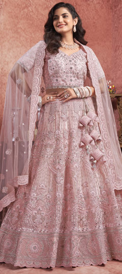Pink and Majenta color Lehenga in Net fabric with Mirror, Zircon work