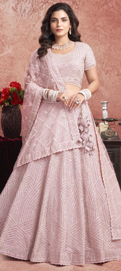 Pink and Majenta color Lehenga in Net fabric with Zircon work