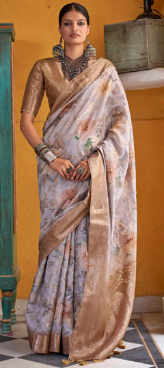 Purple and Violet color Saree in Silk fabric with Floral, Printed, Weaving work