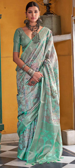 Green color Saree in Silk fabric with Floral, Printed, Weaving work