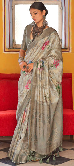 Beige and Brown color Saree in Silk fabric with Floral, Printed, Weaving work