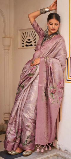 Pink and Majenta color Saree in Silk fabric with Floral, Printed, Weaving work