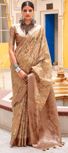 Beige and Brown color Saree in Silk fabric with Floral, Printed, Weaving work