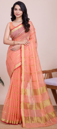 Party Wear, Traditional Orange color Saree in Kota Doria Silk fabric with Bengali Weaving, Zari work : 1965288