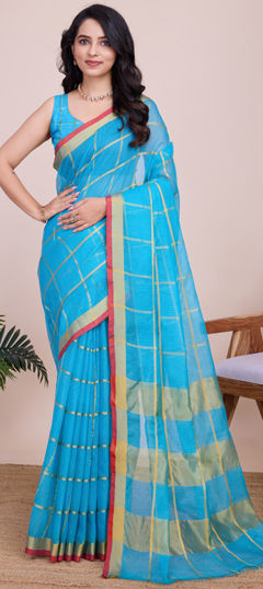 Party Wear, Traditional Blue color Saree in Kota Doria Silk fabric with Bengali Weaving, Zari work : 1965289