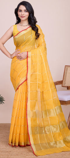 Yellow color Saree in Kota Doria Silk fabric with Weaving, Zari work