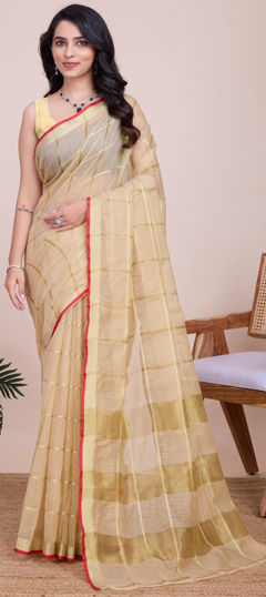 Beige and Brown color Saree in Kota Doria Silk fabric with Weaving, Zari work