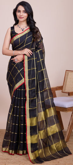 Party Wear, Traditional Black and Grey color Saree in Kota Doria Silk fabric with Bengali Weaving, Zari work : 1965292