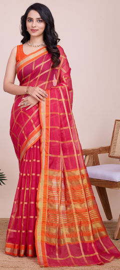 Party Wear, Traditional Pink and Majenta color Saree in Kota Doria Silk fabric with Bengali Weaving, Zari work : 1965304