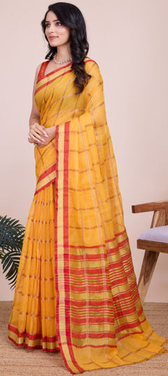 Party Wear, Traditional Yellow color Saree in Kota Doria Silk fabric with Bengali Weaving, Zari work : 1965305