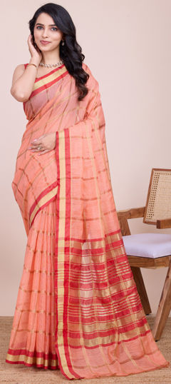 Party Wear, Traditional Pink and Majenta color Saree in Kota Doria Silk fabric with Bengali Weaving, Zari work : 1965306