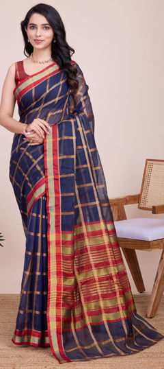 Party Wear, Traditional Blue color Saree in Kota Doria Silk fabric with Bengali Weaving, Zari work : 1965307