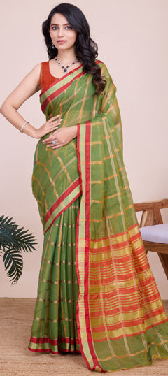 Party Wear, Traditional Green color Saree in Kota Doria Silk fabric with Bengali Weaving, Zari work : 1965308