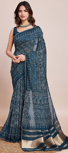 Blue color Saree in Silk cotton fabric with Bandhej, Printed, Weaving, Zari work