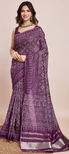 Festive, Party Wear, Traditional Purple and Violet color Saree in Silk cotton fabric with South Bandhej, Printed, Weaving, Zari work : 1965320