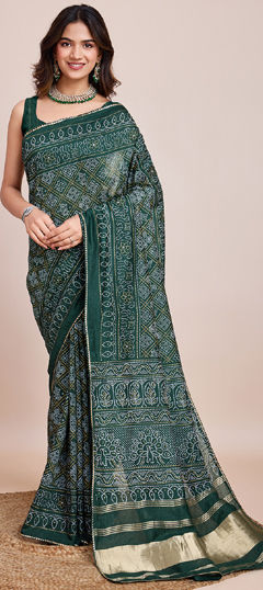 Festive, Party Wear, Traditional Green color Saree in Silk cotton fabric with South Bandhej, Printed, Weaving, Zari work : 1965321