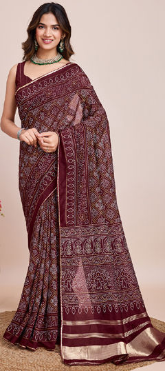 Beige and Brown color Saree in Silk cotton fabric with Bandhej, Printed, Weaving, Zari work