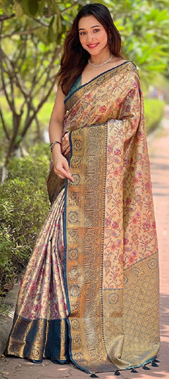 Beige and Brown color Saree in Silk fabric with Weaving work