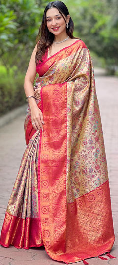 Beige and Brown color Saree in Silk fabric with Weaving work