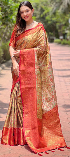 Beige and Brown color Saree in Silk fabric with Weaving work