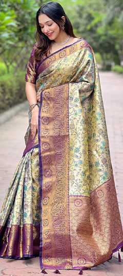 Beige and Brown color Saree in Silk fabric with Weaving work