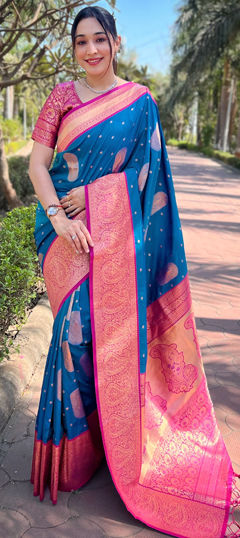 Blue color Saree in Art Silk, Silk fabric with Weaving, Zari work