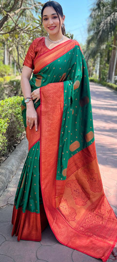 Green color Saree in Art Silk, Silk fabric with Weaving, Zari work