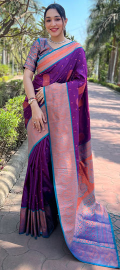 Purple and Violet color Saree in Art Silk, Silk fabric with Weaving, Zari work