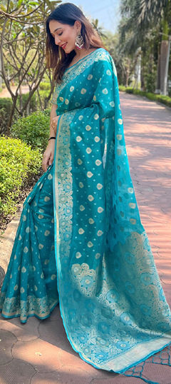 Party Wear, Reception, Traditional Blue color Saree in Organza Silk fabric with Classic Weaving, Zari work : 1965335