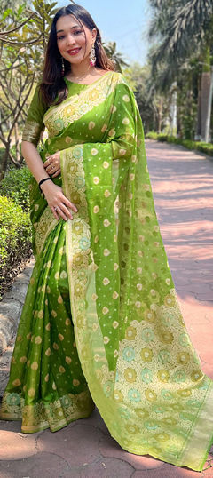 Party Wear, Reception, Traditional Green color Saree in Organza Silk fabric with Classic Weaving, Zari work : 1965336