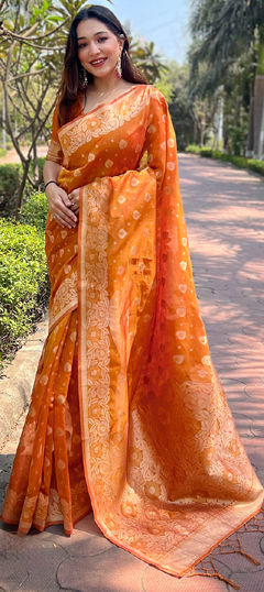 Party Wear, Reception, Traditional Orange color Saree in Organza Silk fabric with Classic Weaving, Zari work : 1965337